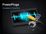 PowerPoint Template - d illustration of a large wrench and screwdriver lying on top of a glowing blue pulse graphic over 