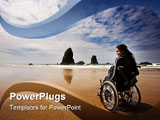 PowerPoint Template - Beautiful young woman in a wheel chair visiting canon beach in oregon usa.