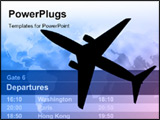 PowerPoint Template - A black airplane is flying through a cloudy sunset. A departure schedule is in the background.