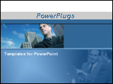 PowerPoint Template -  businessman standing in front of buildings with his arms crossed and business team talking at the 