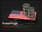 PowerPoint Template - d illustration of two metallic oil barrels sitting on top of a United States flag over a pool of sp