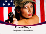 PowerPoint Template - Young woman wearing military uniform pointing with gun. Use of selective focus. Focus in woman.