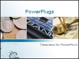 PowerPoint Template - oins in different currencies and bank building plus hourglass and dollars on teal and white backgro