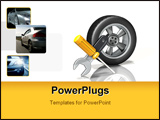 PowerPoint Template - d illustration of an upright automotive wheel and tire with a simple wrench and screwdriver sitting