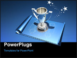 PowerPoint Template - d illustration of a large chrome silver trophy sitting on top of a set of unrolled blueprints on a 