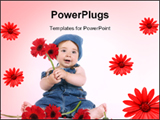 PowerPoint Template - A baby dressed in denim is holding beautiful red gerbera daisies