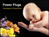 PowerPoint Template - Newborn baby safe in the hands of his father. Black background. Copyspace on the left.