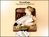 PowerPoint Template - Baby reading newspaper inside of suitcase.
