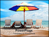 PowerPoint Template - Four white deck chairs and big umbrella on the beach near sea