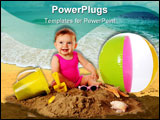 PowerPoint Template - An adorable baby girl happily playing in the sand among beach toys and shells. Isolated on white.