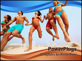 PowerPoint Template - Portrait of happy friends holding by hands and jumping over sandy shore