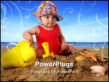 PowerPoint Template - An adorable baby girl in a bathing suit and sun-hat playing in the sand. Isolated on white