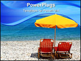 PowerPoint Template - Chairs and an umbrella sit calmly on a beach in Greece while waves lap at the shore.