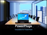 PowerPoint Template - meeting room in front focus placed on graph showing progress on laptop screen