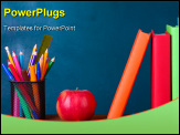 PowerPoint Template - Composition of books, stationery and an apple on the teachers desk in the background of the blackboard