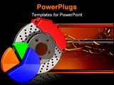 PowerPoint Template - d illustration of a simple automotive brake caliper and roter with a three-segment multi-color pie 