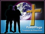 PowerPoint Template - Illustration of two mail friends silhouettes with world and cross in background.
