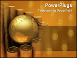 PowerPoint Template - Gold Globe with many gold coins around. The coins represents a bar graph.