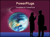 PowerPoint Template - World Business Concept with Illustration of Earth in motion as business man and woman chat.