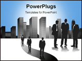 PowerPoint Template - A Group Of Drawn Businessmen in sillhouette in contrast against a city scape