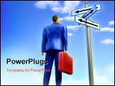 PowerPoint Template - Businessman standing at a crossroad. A signpost points at multiple directions. Digital illustration.