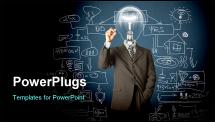 PowerPoint Template - businessman with lamp-head and marker writing something on glass whiteboard