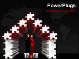 PowerPoint Template - Business partners standing in a 3d rendered puzzle house - Isolated