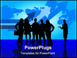 PowerPoint Template - business team with blue world map - silhouettes illustration