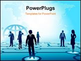 PowerPoint Template -  group of business people silhouettes connect on a blue communications node network with globe back