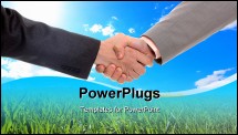 PowerPoint Template - Close-up of a business people shaking hands against blue sky and green grass background