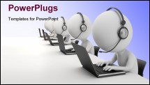 PowerPoint Template - d small person - operators sitting at laptops in ear-phones with a microphone. 3d image. White back
