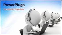 PowerPoint Template - d small person - operators sitting at laptops in ear-phones with a microphone. 3d image. White back