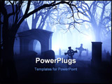 PowerPoint Template - 3D render depicting an overgrown neglected cemetery in misty twilight.