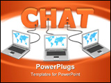 PowerPoint Template - three laptops with a world map connected to the orange 3D word CHAT