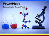 PowerPoint Template - Chemistry Equipment on blue, microscope, atoms, molecular chain and vials witch colored fluid