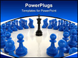 PowerPoint Template - High quality 3D render of black chess king encircled by over fifty blue pawns.