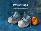 PowerPoint Template - children blue sneakers with red and yellow rubber ball on blue background