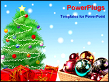PowerPoint Template - a decorated christmas tree on a snowy hill and gifts