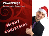 PowerPoint Template - Christmas concept. Young businessman holding blank white card.