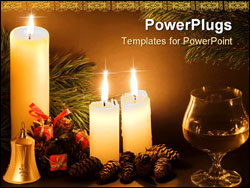 PowerPoint Template - Christmas scene with white candles cones bell and glass of wine in low light.