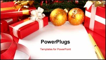 PowerPoint Template - Christmas card with gift boxes and Christmas ornaments and Christmas tree branches and Christmas balls.