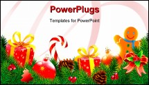 PowerPoint Template - Vector illustartion of Christmas decoartive background with evergreen branches pine cones gift boxes candy cane Christmas decoartions and gingerbread man cookie