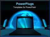 PowerPoint Template - Communication concept of blue glowing Earth with laptops around