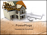 PowerPoint Template - House under construction on plans with laptop