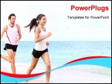 PowerPoint Template - sport - couple running on beach training for marathon run. Young multiracial couple runners, smiling asian female fitness model and caucasian male model