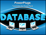 PowerPoint Template - three laptops with a world map connected to the blue 3D word DATABASE