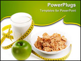 PowerPoint Template - Apple milk corn flakes and measuring tape. Concept of healthy food