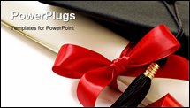 PowerPoint Template - iploma with red ribbon and black graduation cap on white background with copy space. Macro with sha