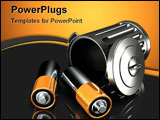 PowerPoint Template - d illustration of two black and gold AA batteries spilling out of an overturned trash can on a dark