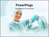PowerPoint Template - A portrait of a medical assistant while an operation takes place in the background
